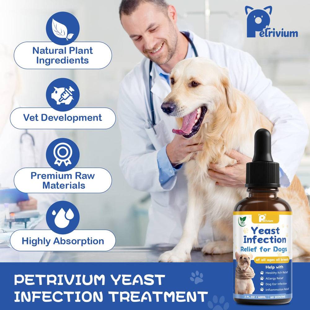 Petrivium ear-relief drops on a dog illustrate soothing relief for irritated ears