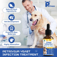 Petrivium ear-relief drops on a dog illustrate soothing relief for irritated ears
