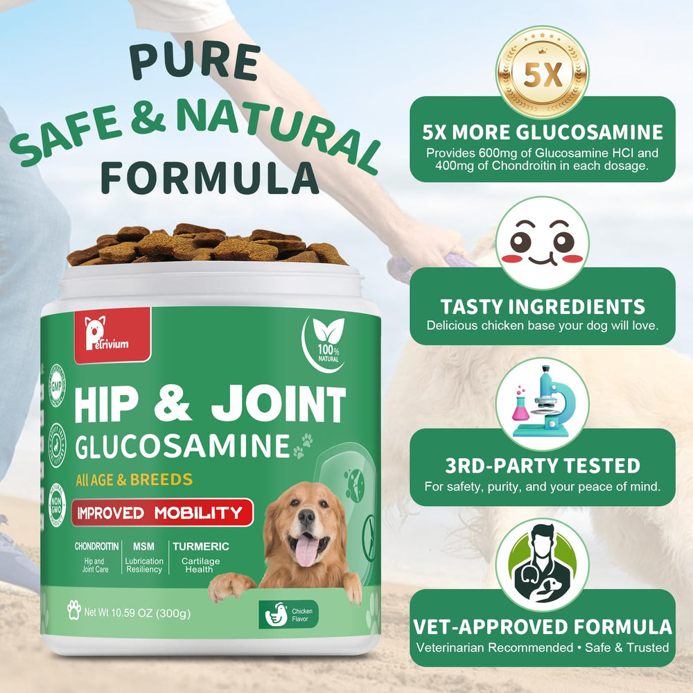 Petrivium green-lipped mussels dog joint supplement container image focusing on bone strength.