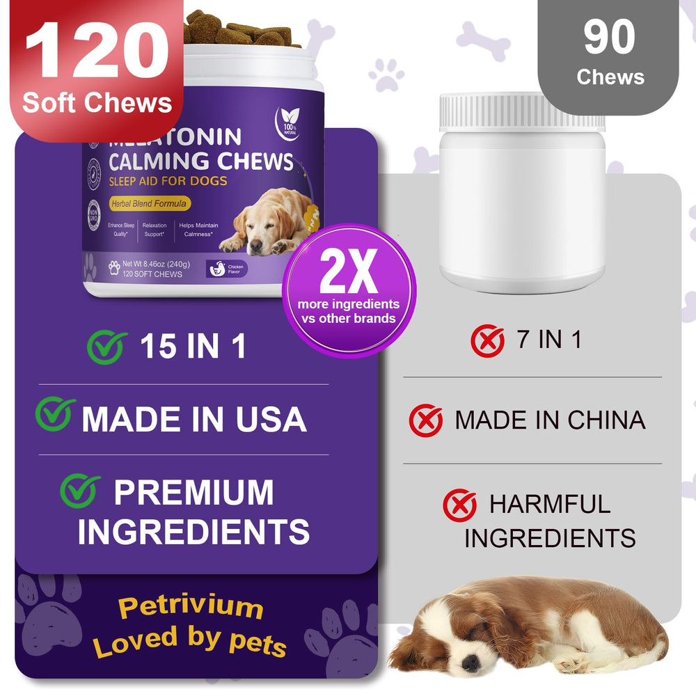 Petrivium veterinarian-formulated-ingredients card emphasizes calming components.