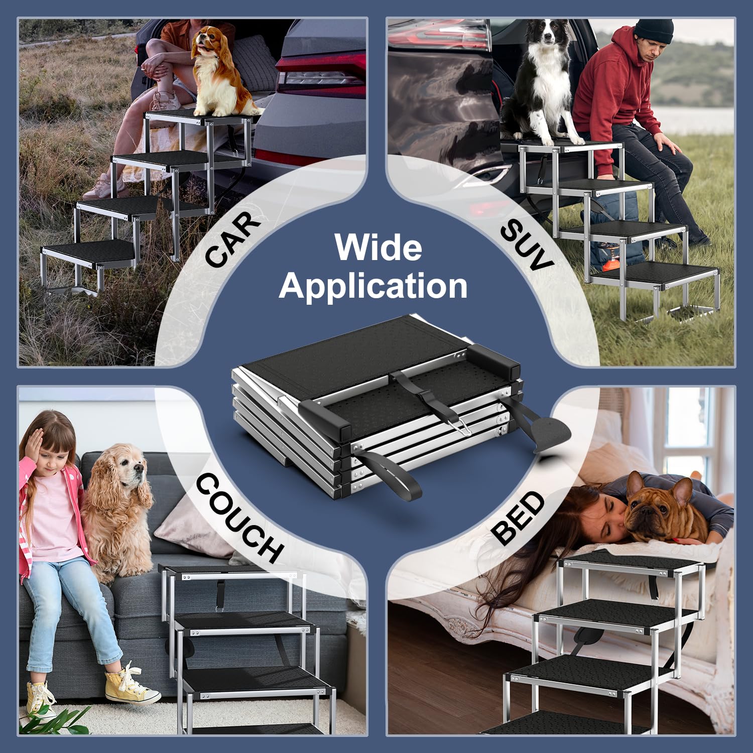 PetRuna compact dog stairs shown in car for travel use.