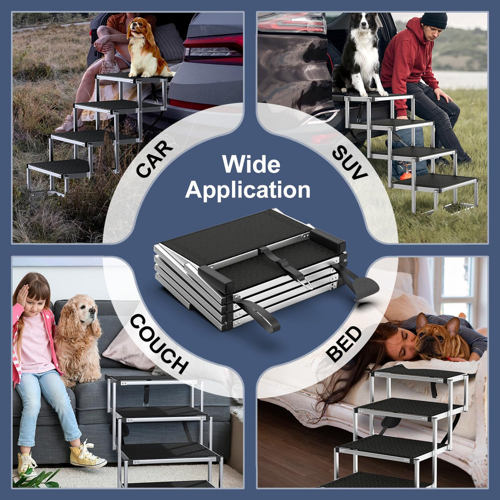 PetRuna compact dog stairs shown in car for travel use.