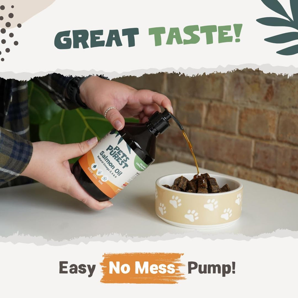 Pets Purest Salmon Oil coat-shine promotes a glossy, healthy-looking coat.