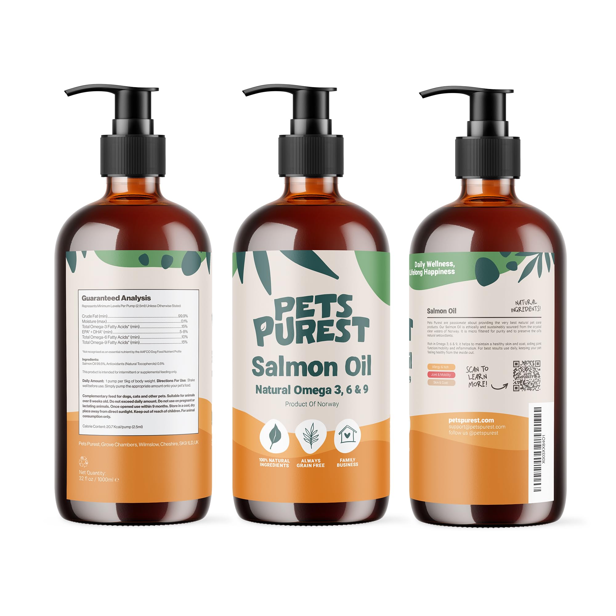 Pets Purest Salmon Oil EPA/DHA-rich oil supports heart, eyes and brain.