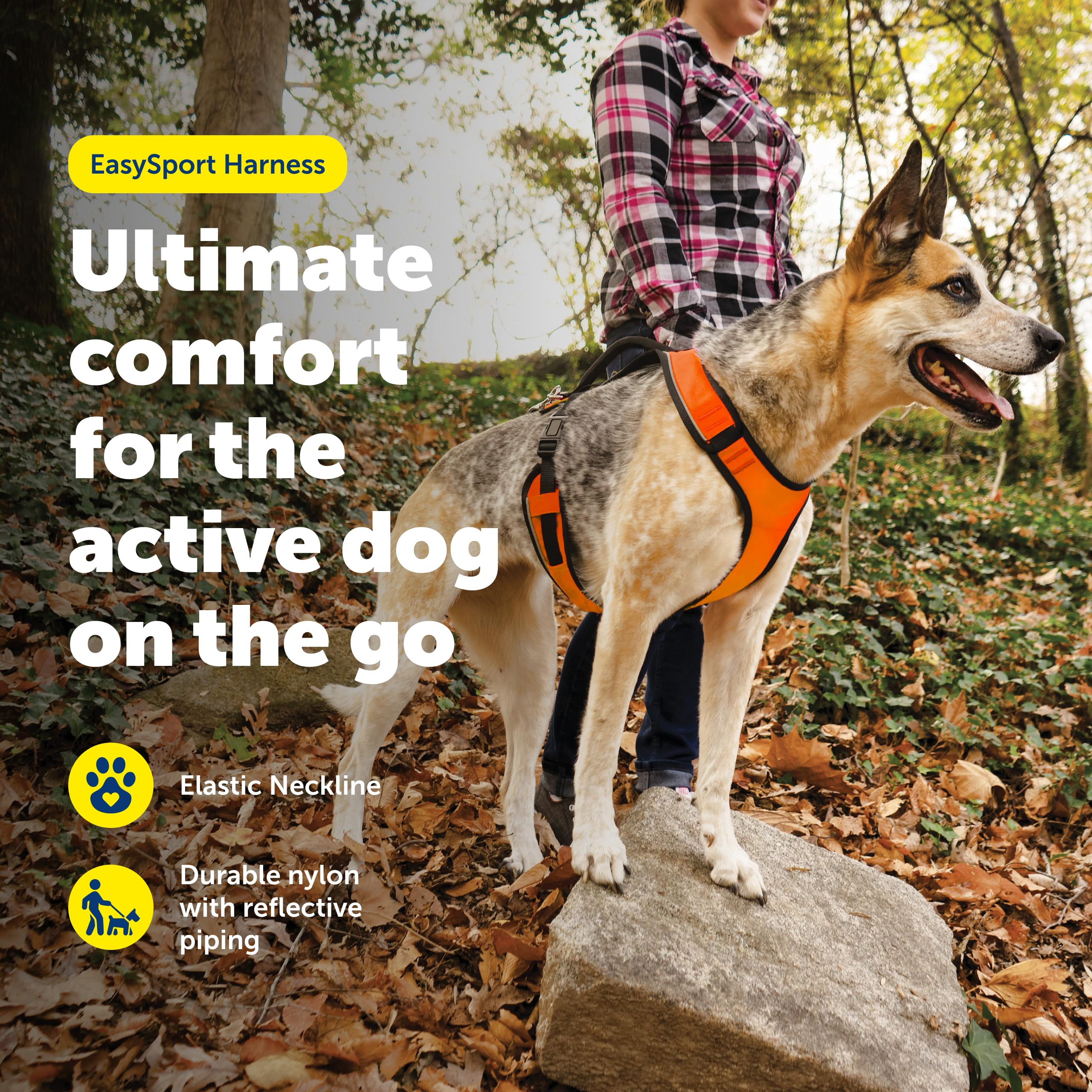 Petsafe EasySport harness shows adjustable elastic neckline for flexible movement