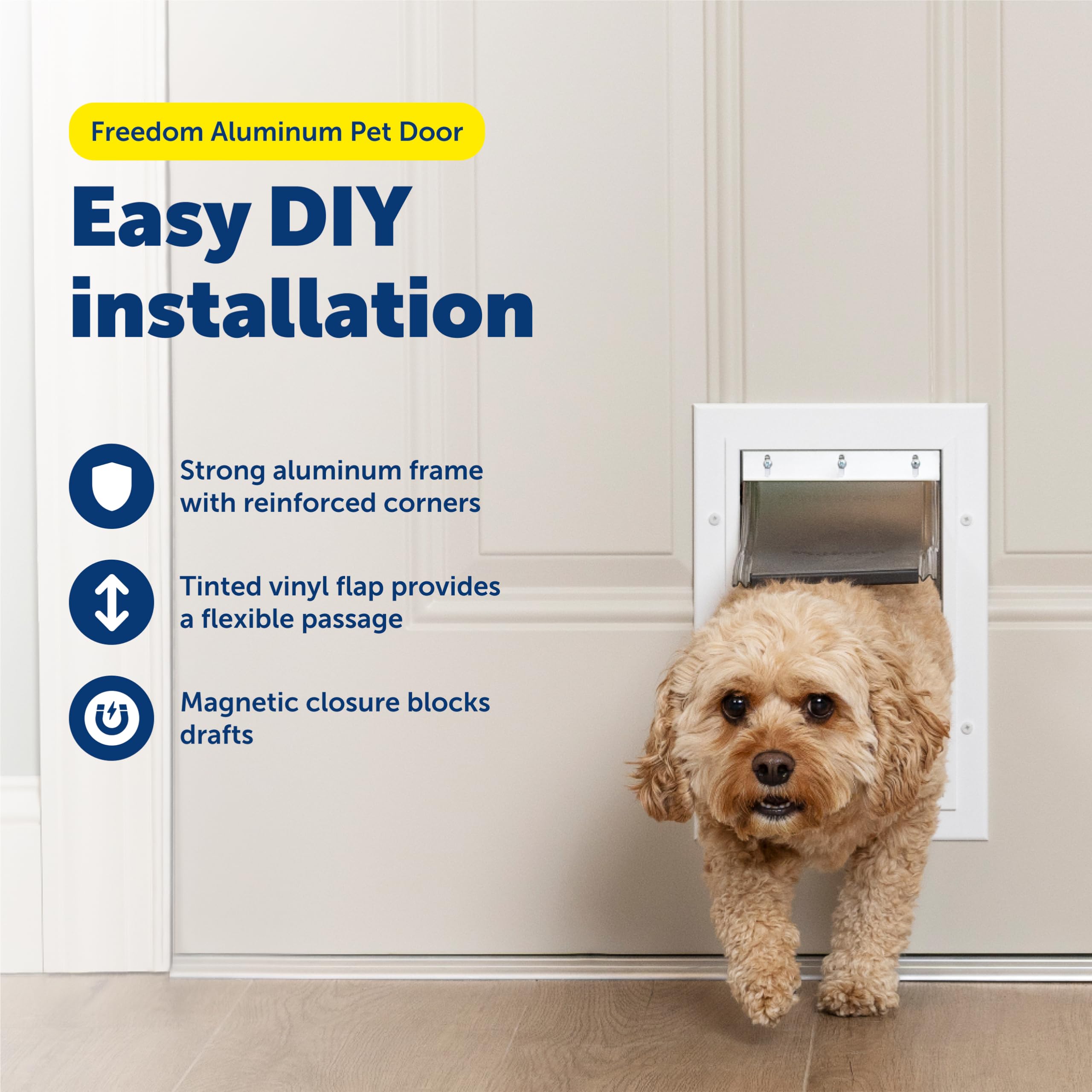 PetSafe Freedom slide-in closing panel enables pet access control and stray deterrence.