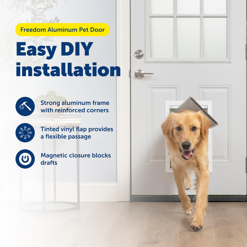 PetSafe Freedom weather strip image emphasizing drafts reduction for indoor comfort.