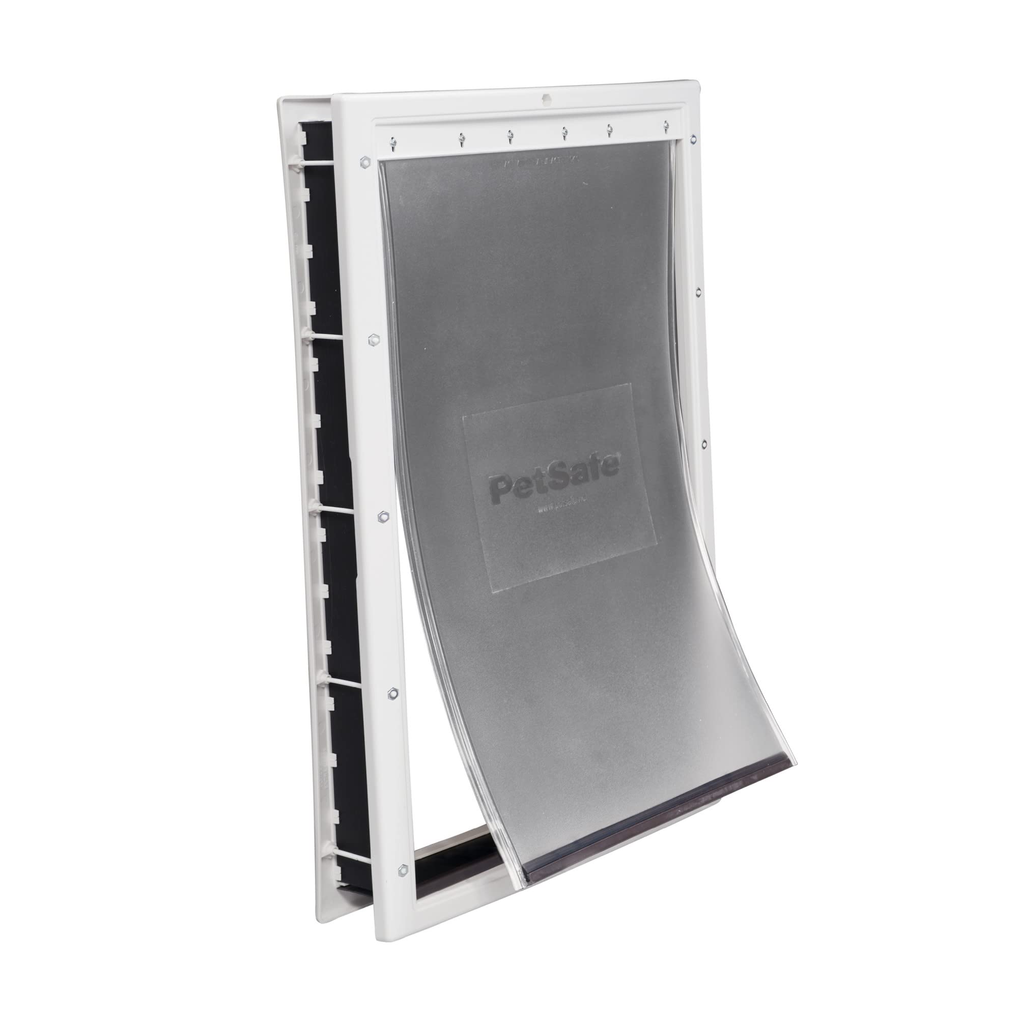 PetSafe plastic pet door enables easy installation on wood or paneled doors.