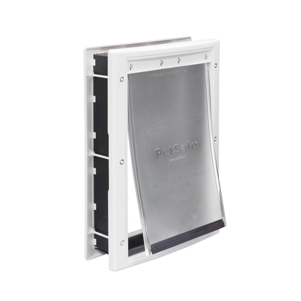 PetSafe plastic pet door installation on wood door shows easy setup