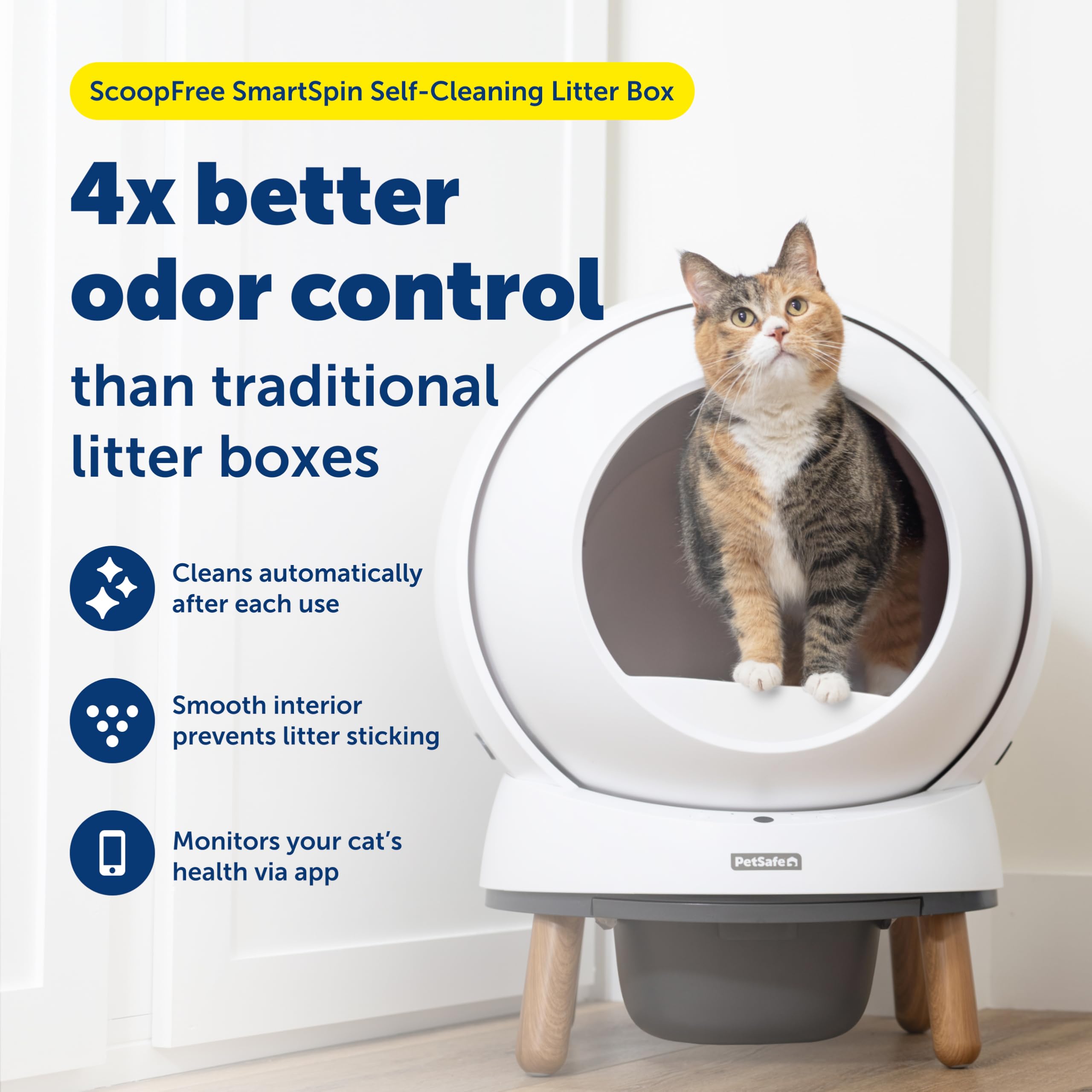 PetSafe ScoopFree SmartSpin lid-open view highlighting hands-free cleaning and odor control