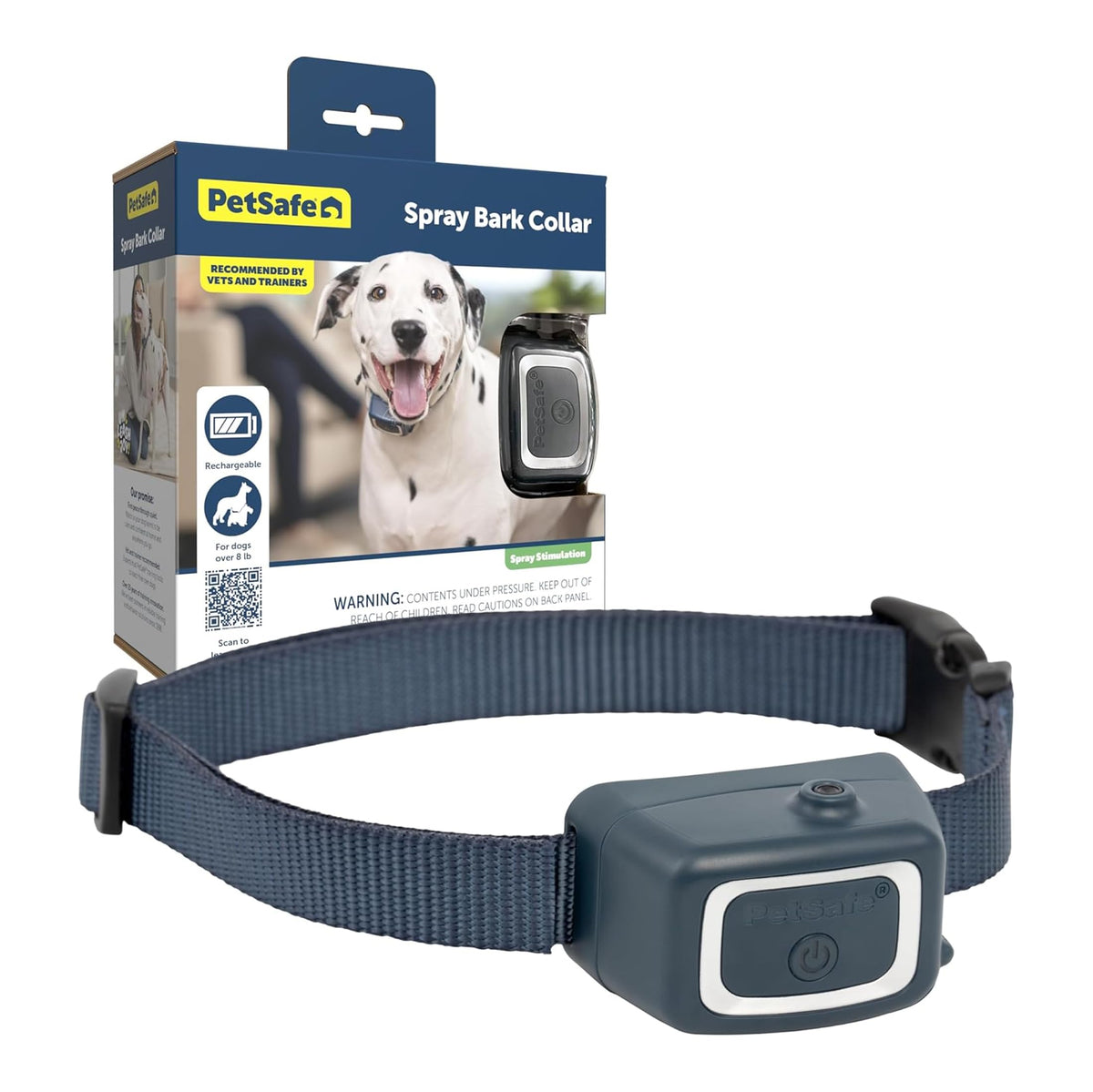 PetSafe spray bark collar navy worn by a dog, durable training aid for reducing barking.