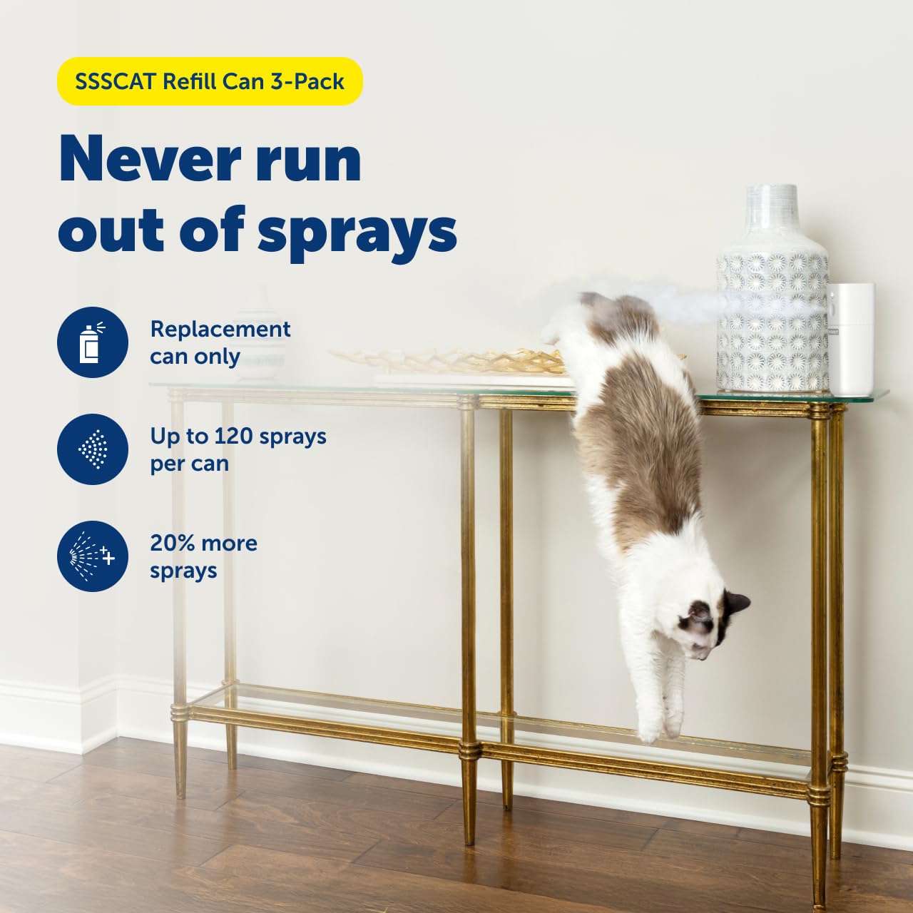 Petsafe SSSCAT odorless air spray demonstrates safe, non-staining corrections near counters