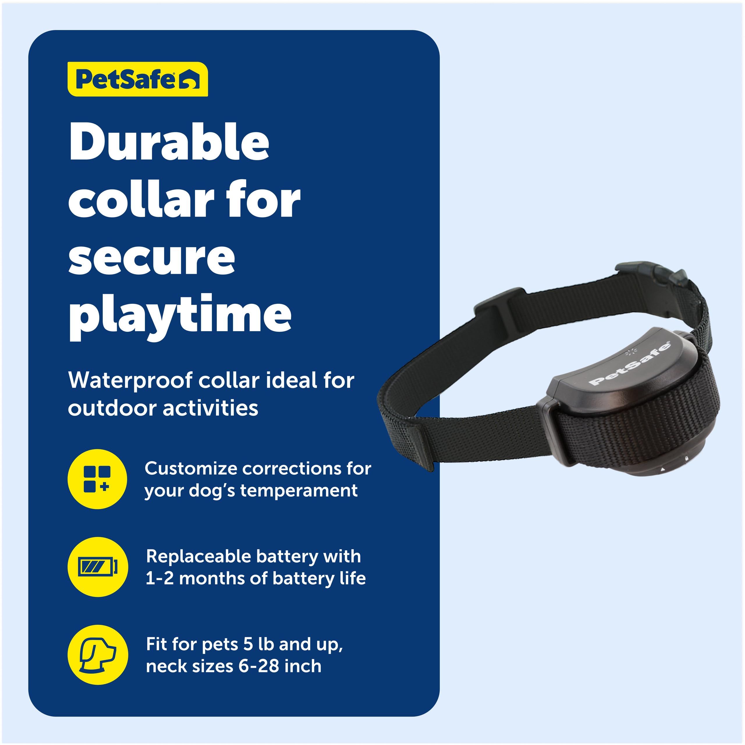 Petsafe Stay & Play adjustable neck 6-28 inches for secure dog fit.