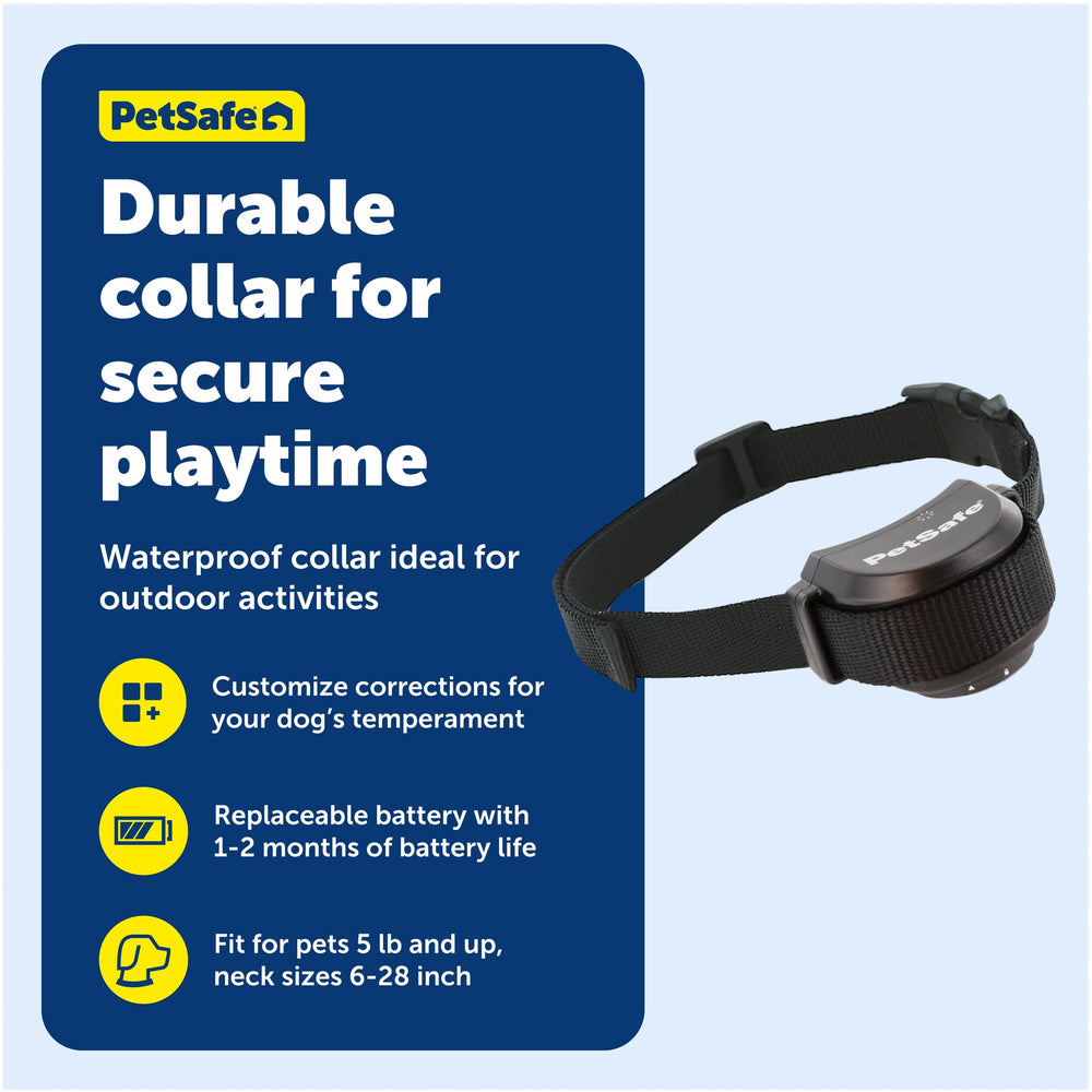 Petsafe Stay & Play adjustable neck 6-28 inches for secure dog fit.