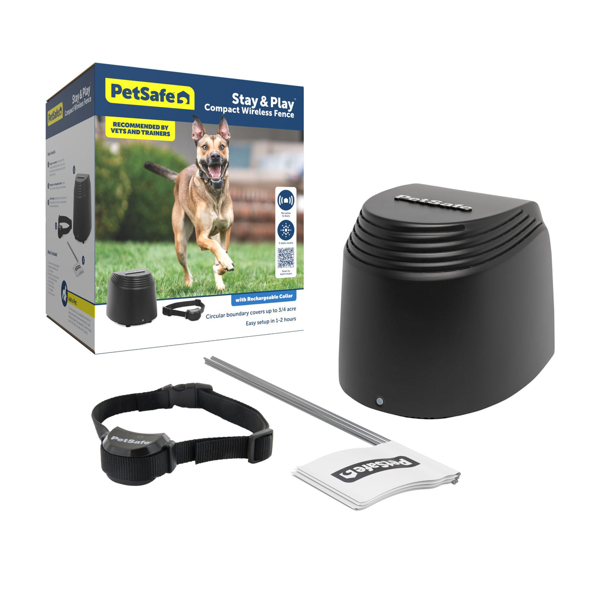 Petsafe Stay & Play boundary setup shows flexible circular area for safer outdoor play.