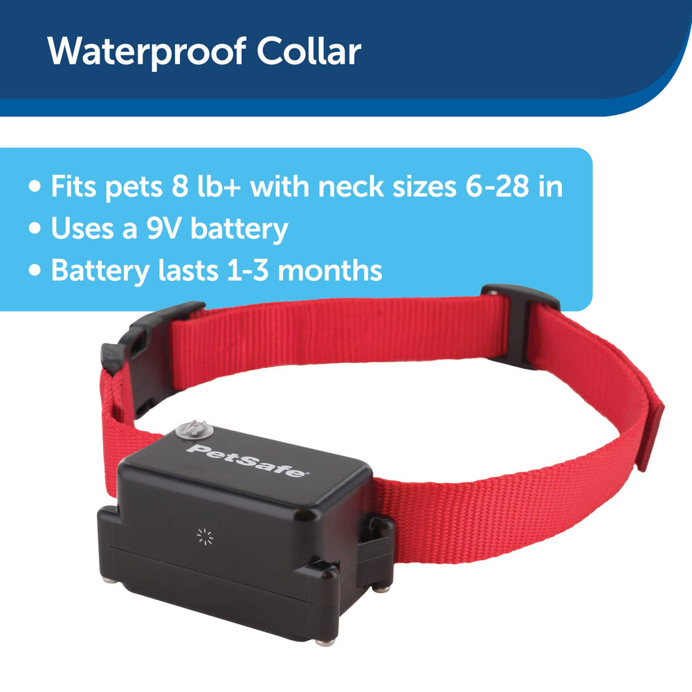 PetSafe waterproof collar close-up showcases submersible design for rainy days.