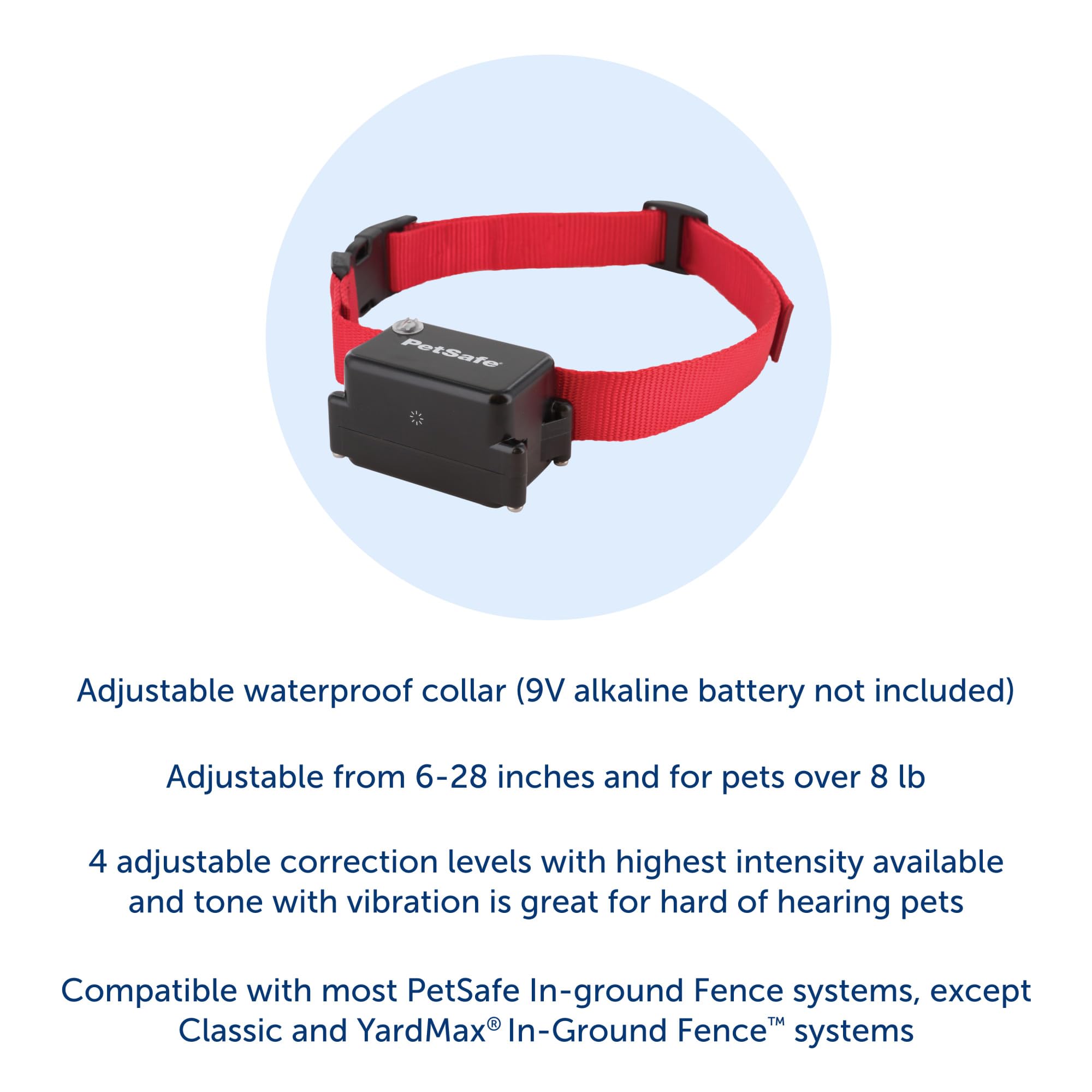 PetSafe Stubborn Dog receiver collar closeup highlighting waterproof, adjustable fit