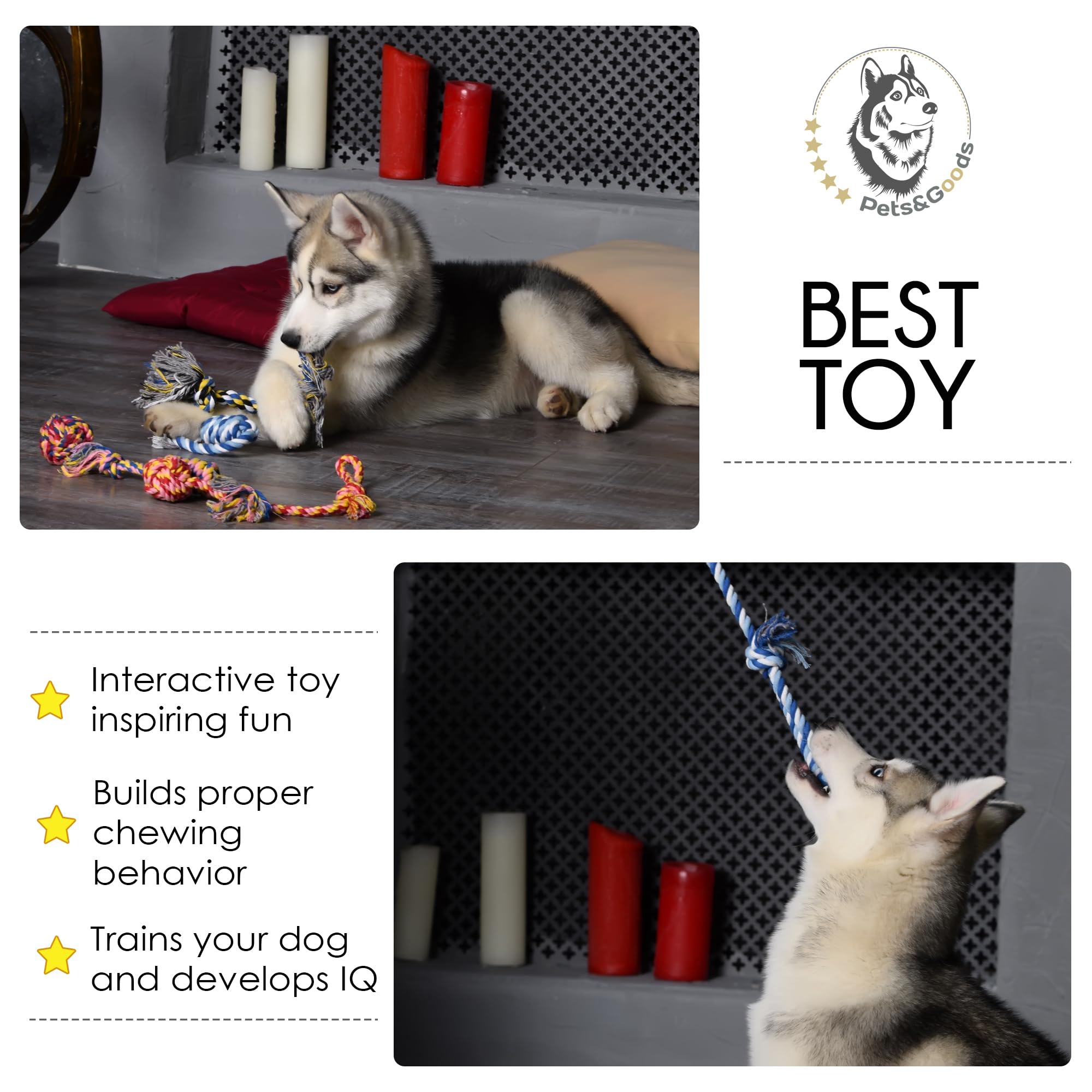 Pets&Goods colorfully shaped rope toys variety pack to engage dogs.