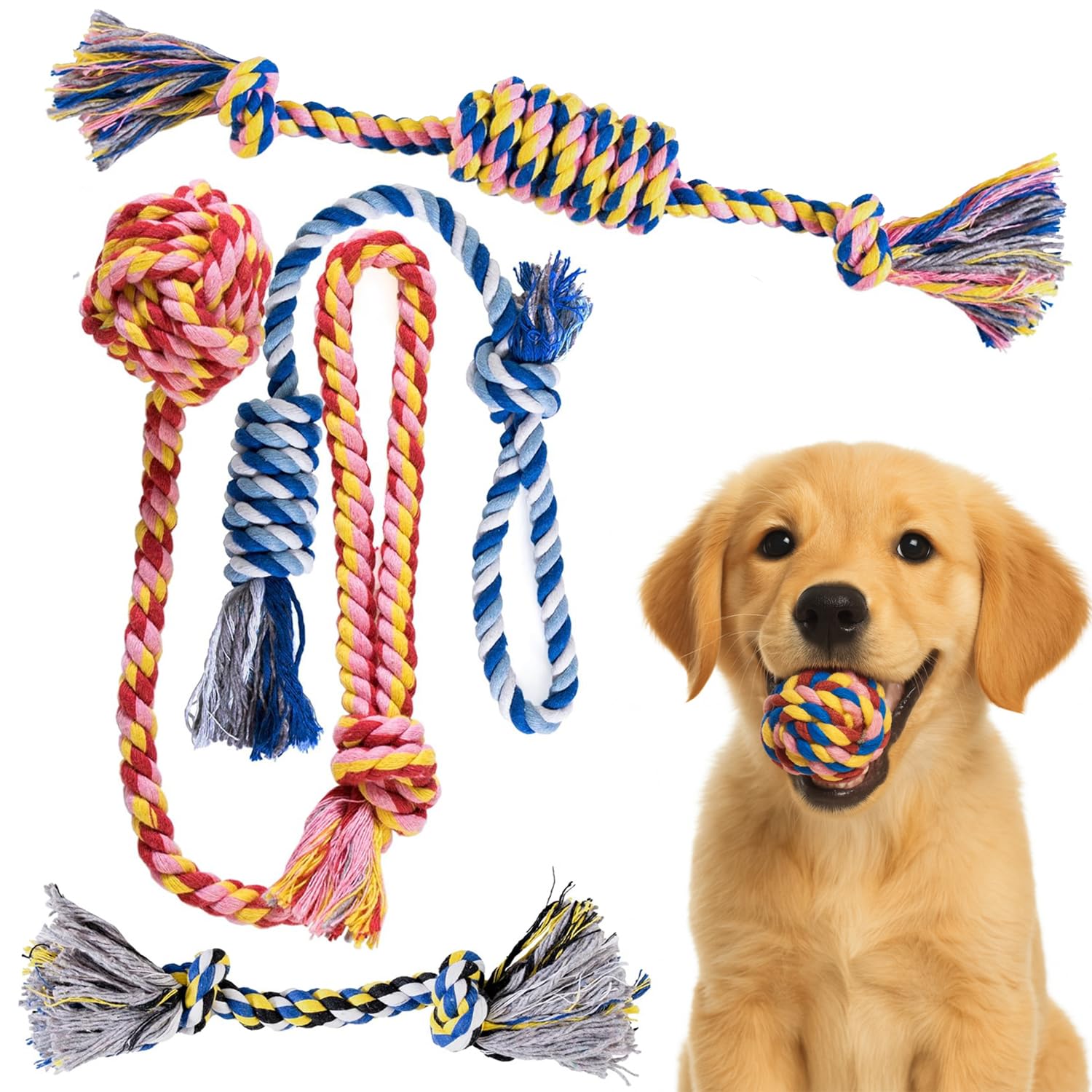 Pets&Goods dog rope chew toy 5-pack shown for durable teething fun.