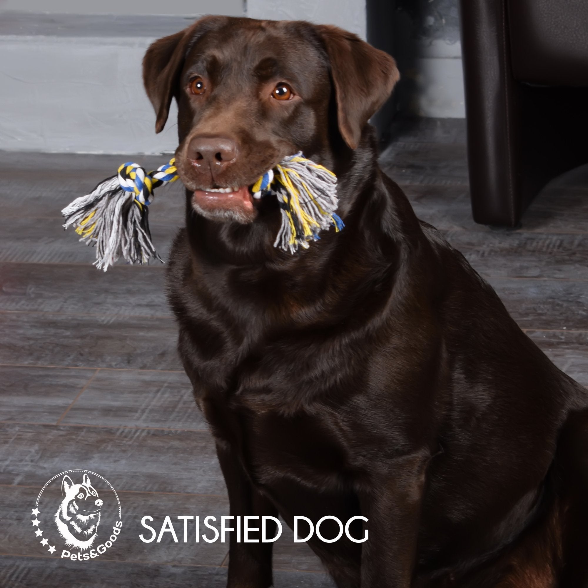Pets&Goods teething-relief rope toy in use by a puppy.