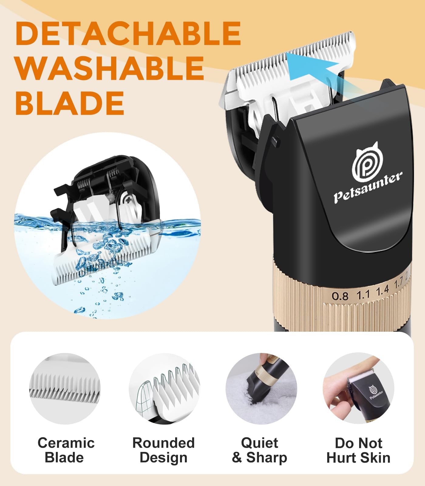 Petsaunter comes with multiple blade sizes and combs for versatile styling