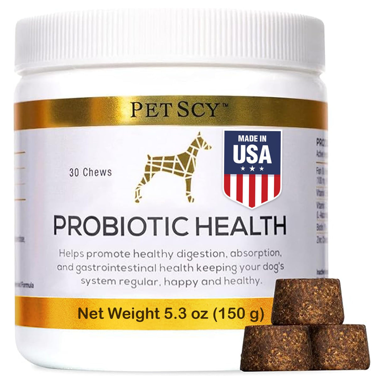 PetScy Probiotic Chews packaging highlights gut health and skin support for dogs