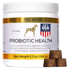 PetScy Probiotic Chews packaging highlights gut health and skin support for dogs