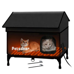 Petsdear heated outdoor cat house exterior shows weatherproof shelter for winter.