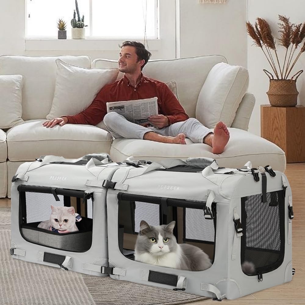 Petseek Extra Large Cat Carrier litter box and bowls included for on-the-go care.