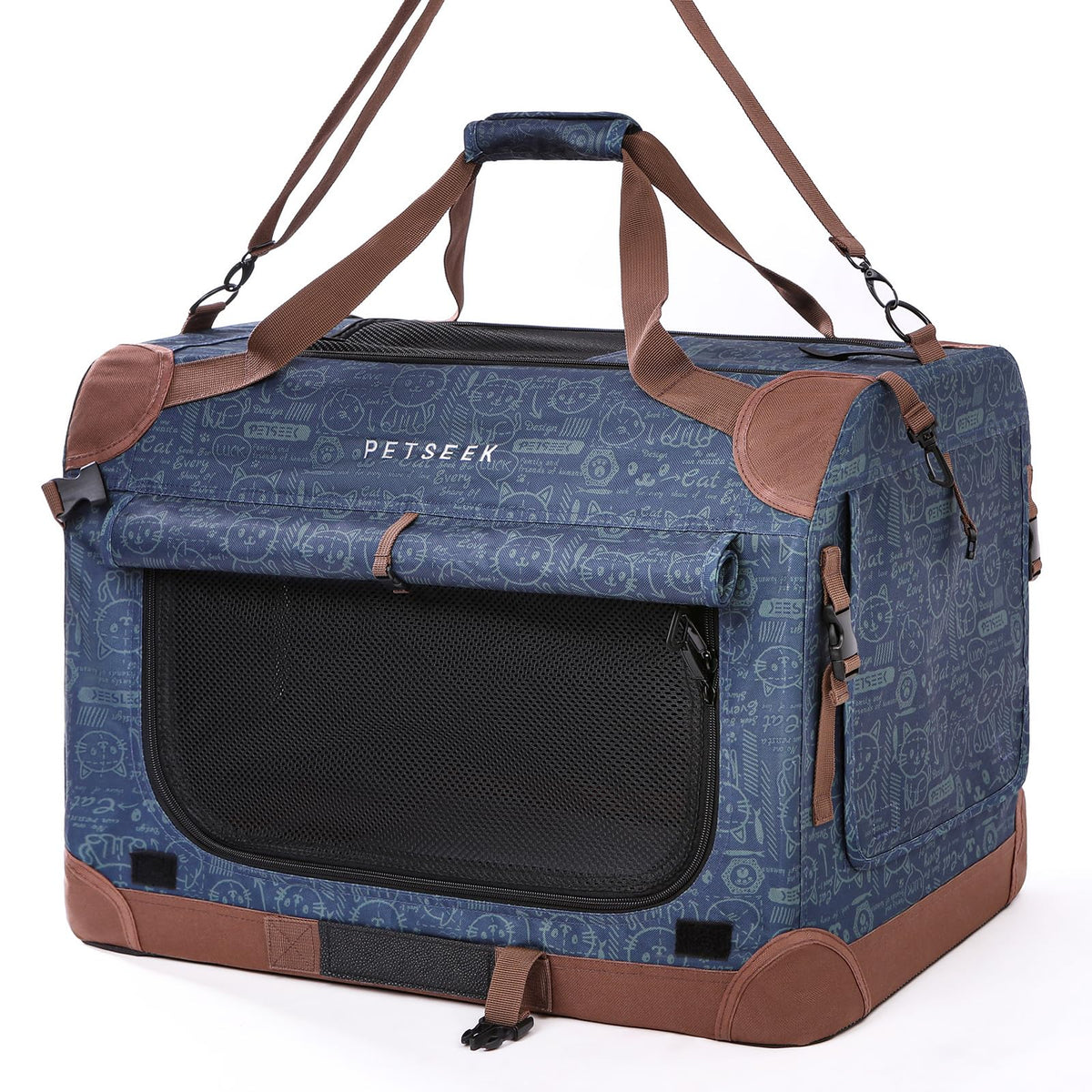Petseek Extra Large Cat Carrier navy front-opening design for easy loading during travel
