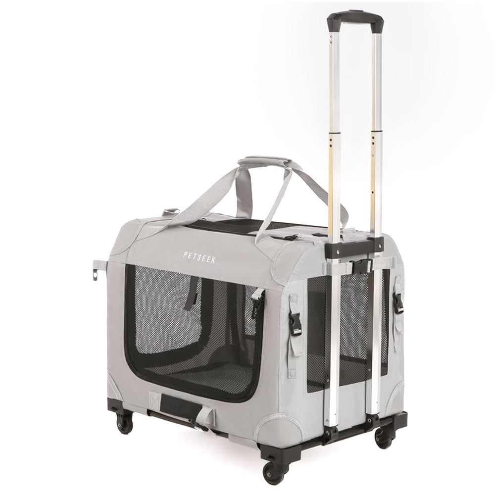 Petseek extra-large cat carrier wheels outer view demonstrates easy transport