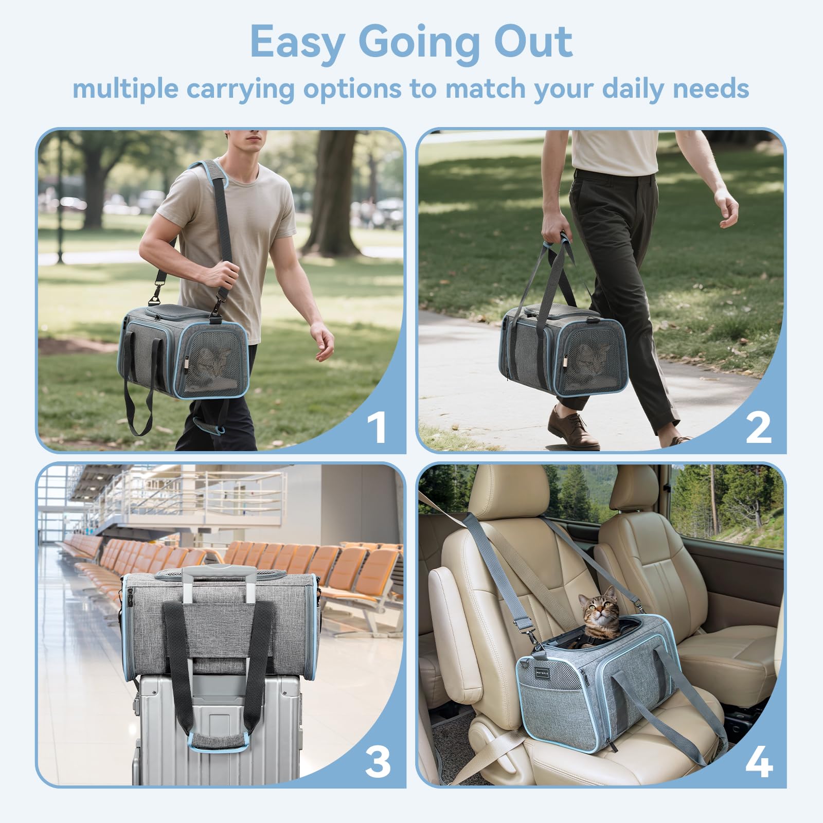 Petsfit airline-approved cat carrier fits under airplane seats for travel.