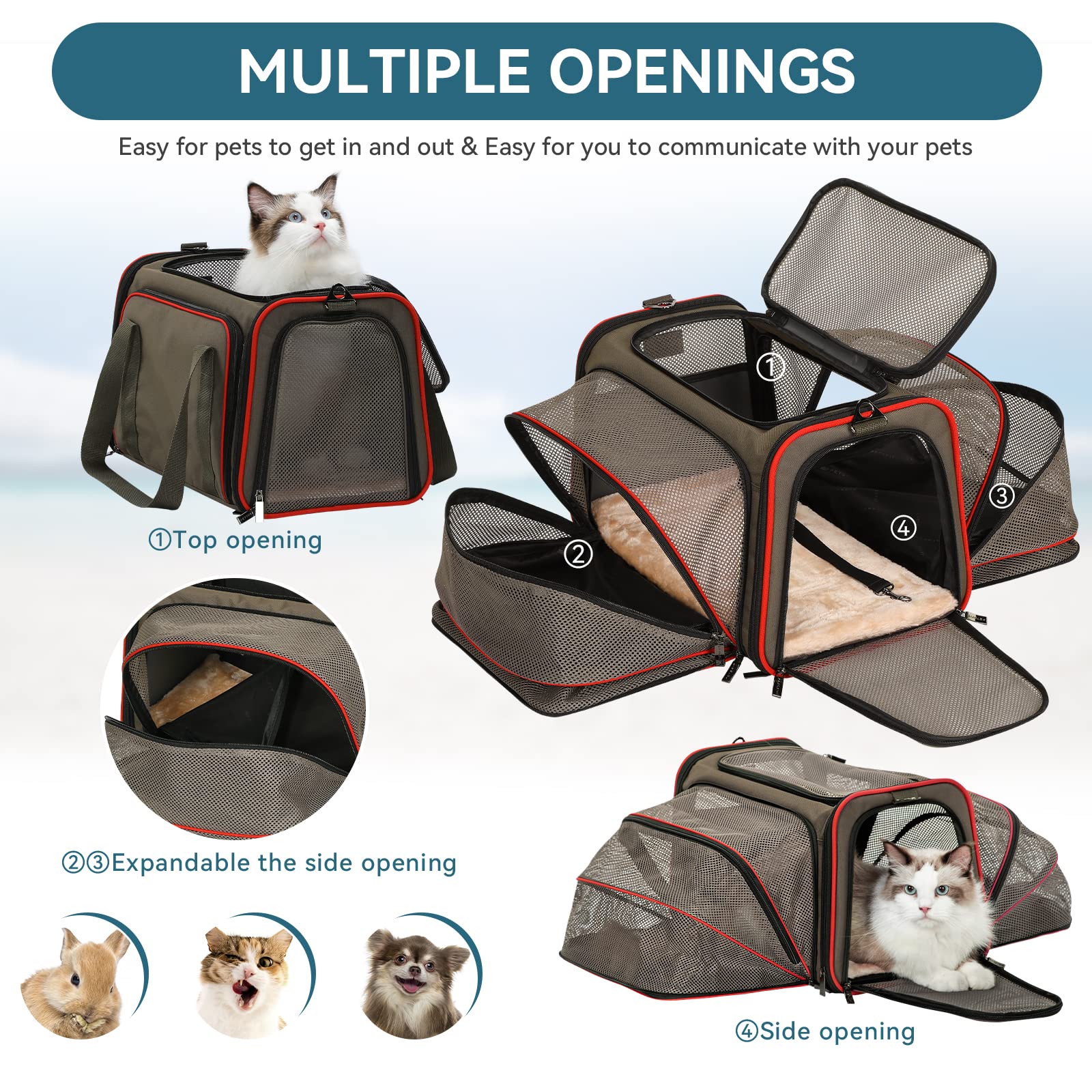 Petsfit airline-approved carrier open zipper for easy loading and access