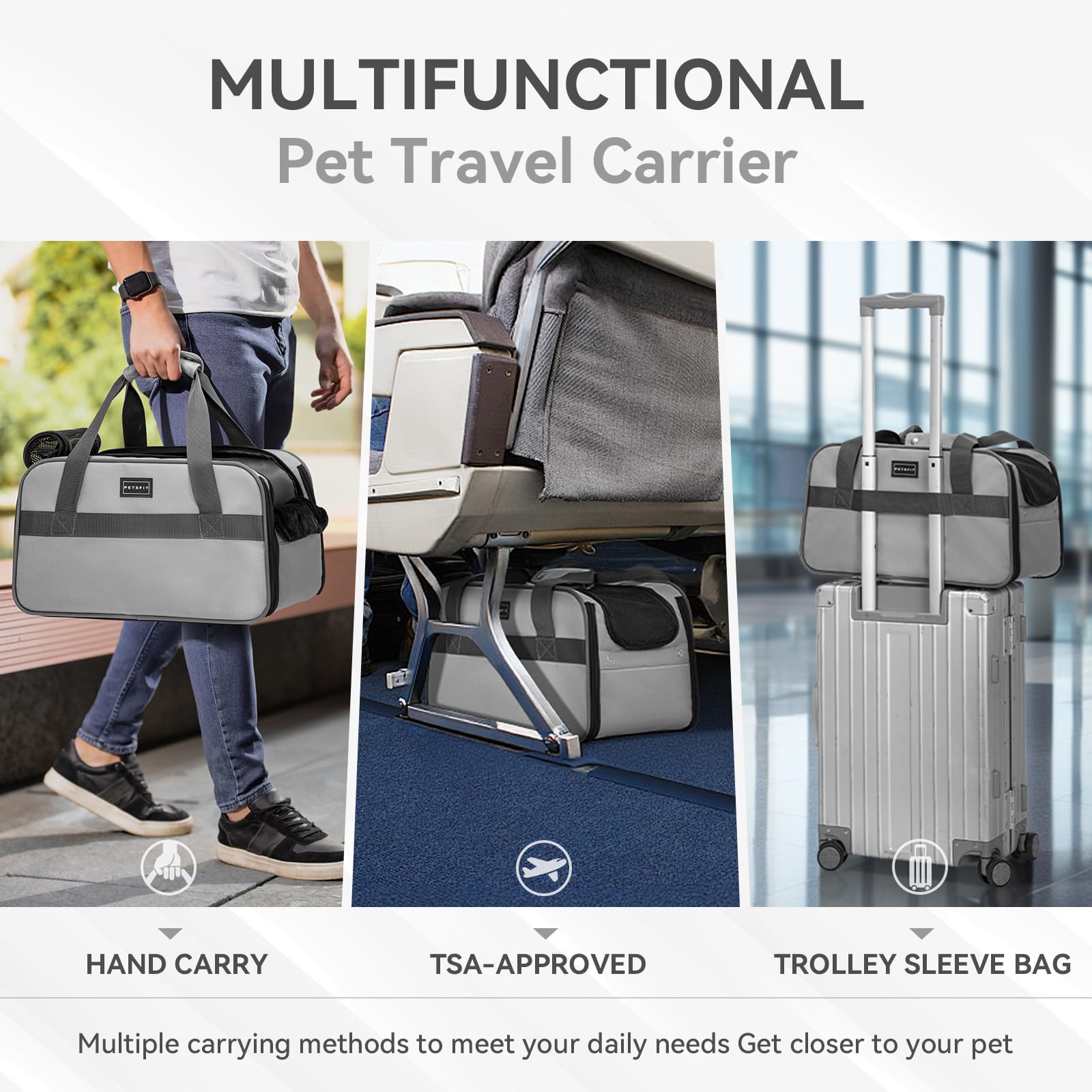 Petsfit airline-approved pet carrier fits under most airplane seats.