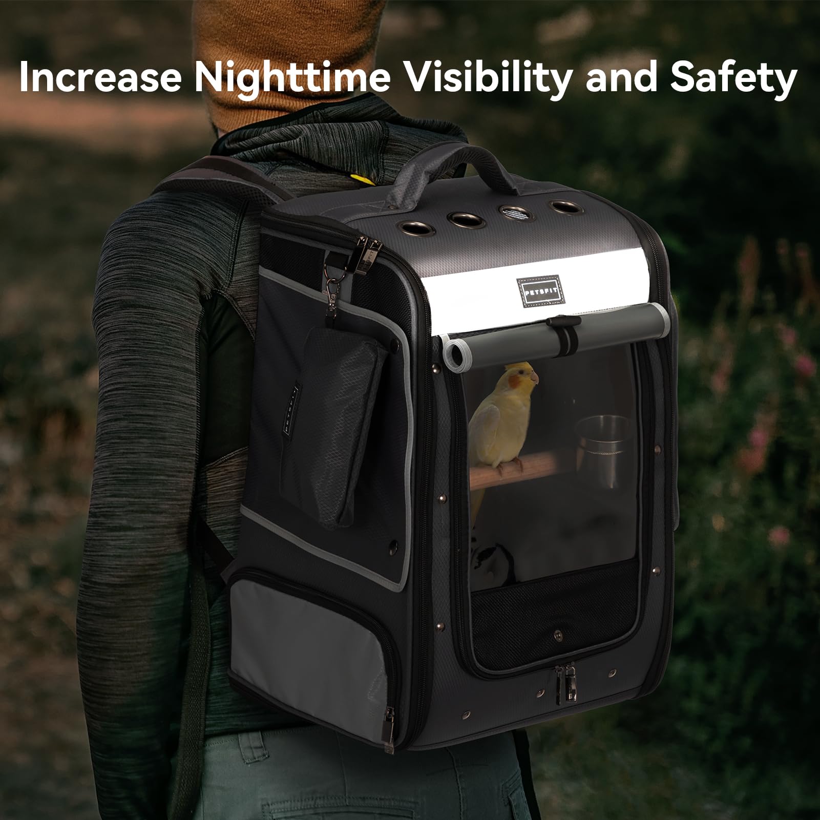Petsfit built-in side pockets store bags and bird essentials