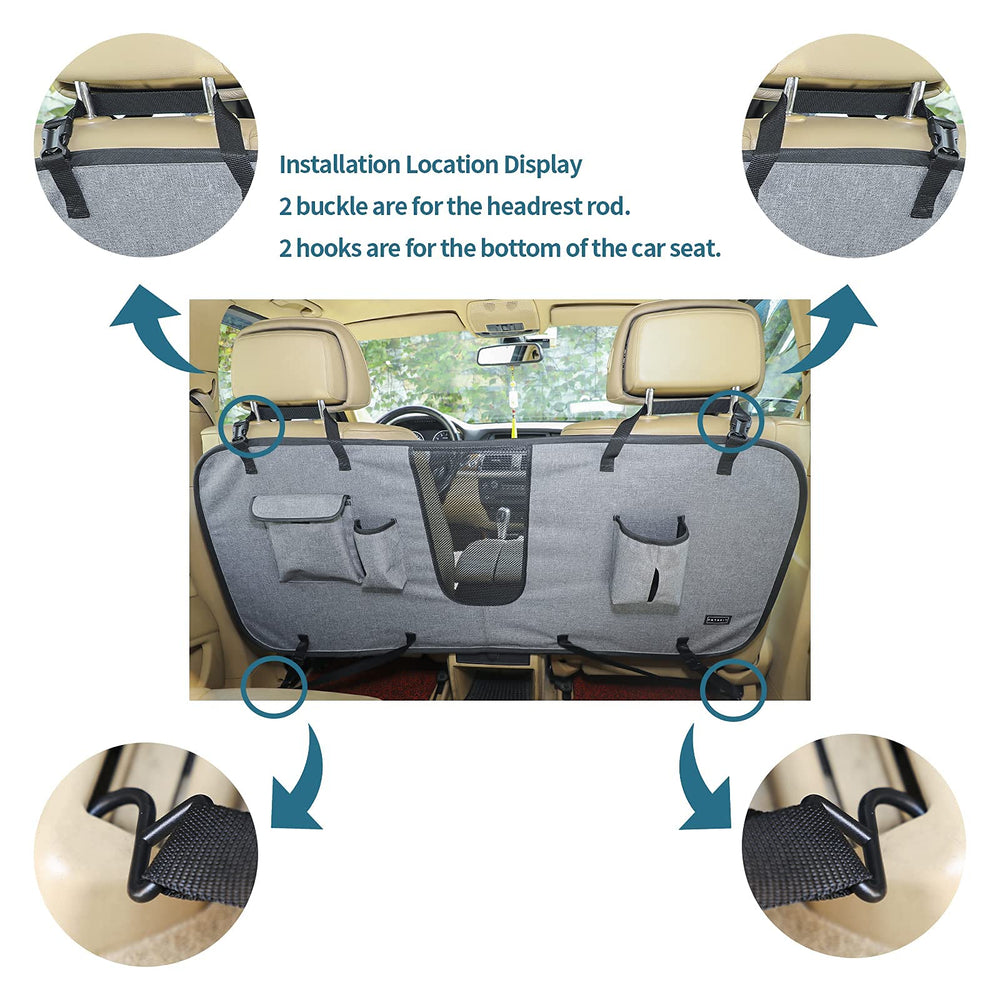 Petsfit car barrier hooks and rails prevent barrier shifting, maintaining safety.
