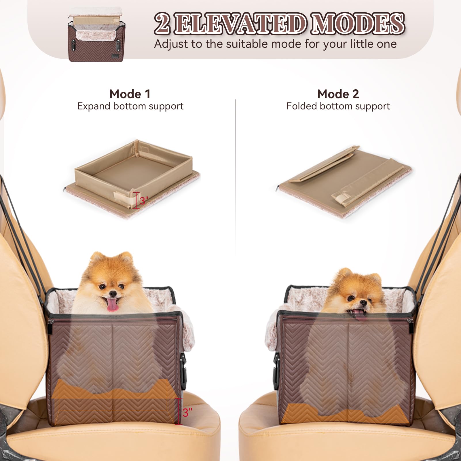 Petsfit car seat size 16 L x 13 W x 11 H inches for small dogs.