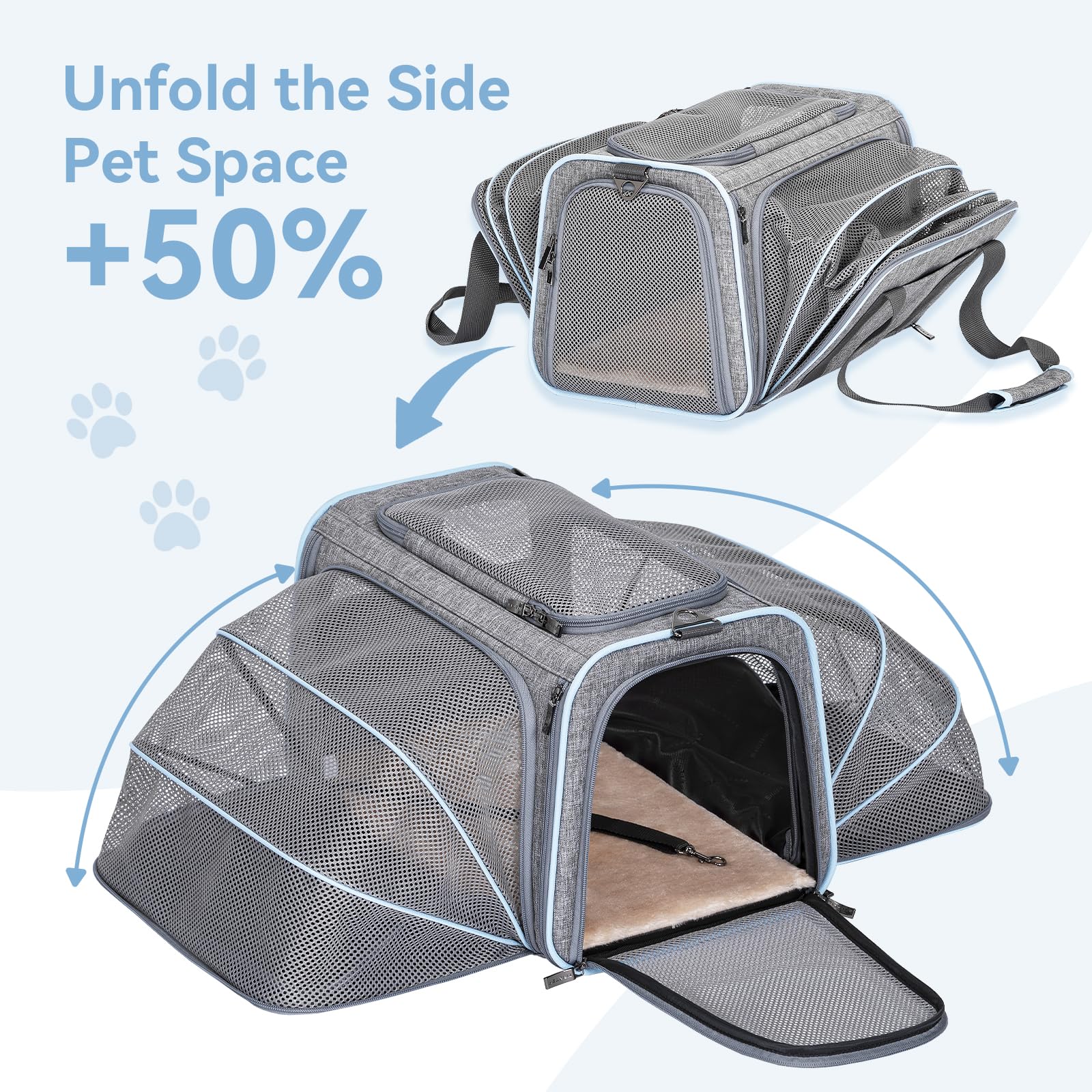 Petsfit carrier under-seat-fit shows easy airport clearance for travel.