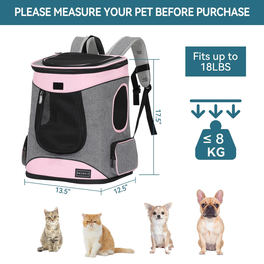 Petsfit cat backpack carrier shows airflow mesh windows for ventilation.
