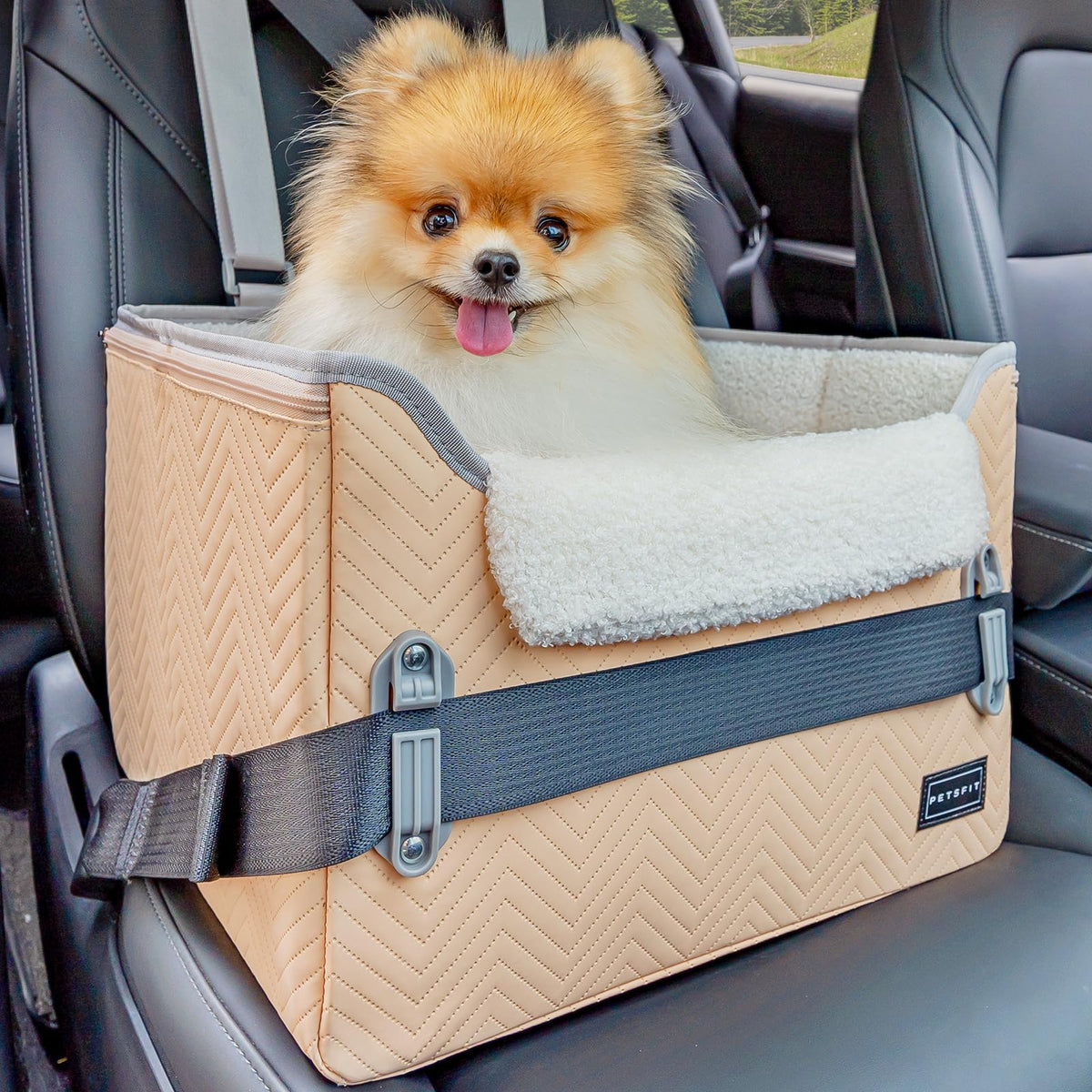 Petsfit cat car seat front view highlights waterproof PU leather for cozy travel.