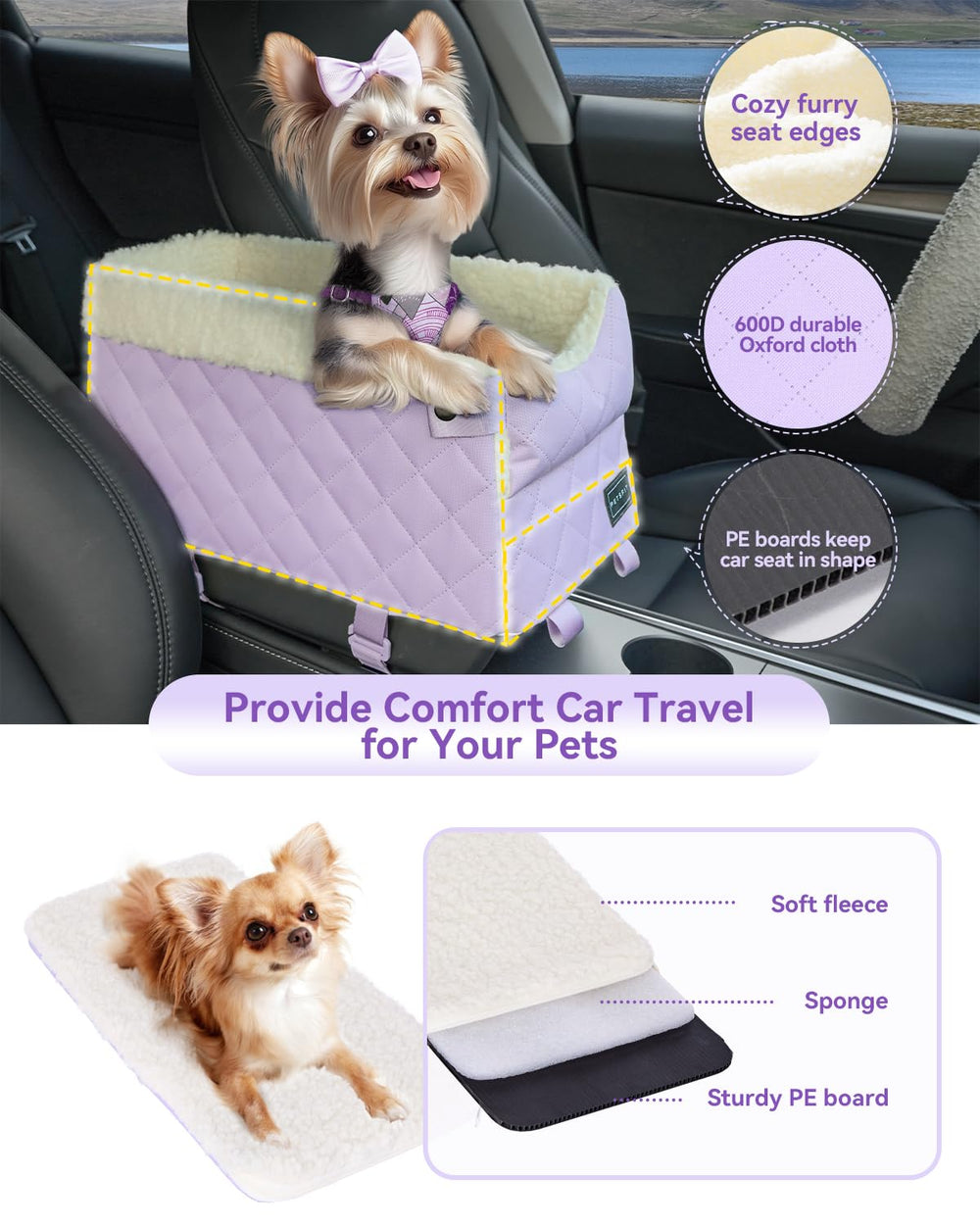 PETSFIT cat car seat purple plush edge for cozy comfort