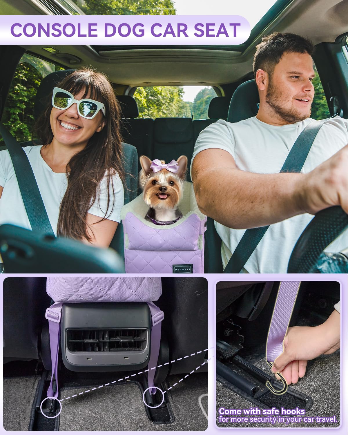 PETSFIT cat car seat purple side view showing anti-shake straps for stability