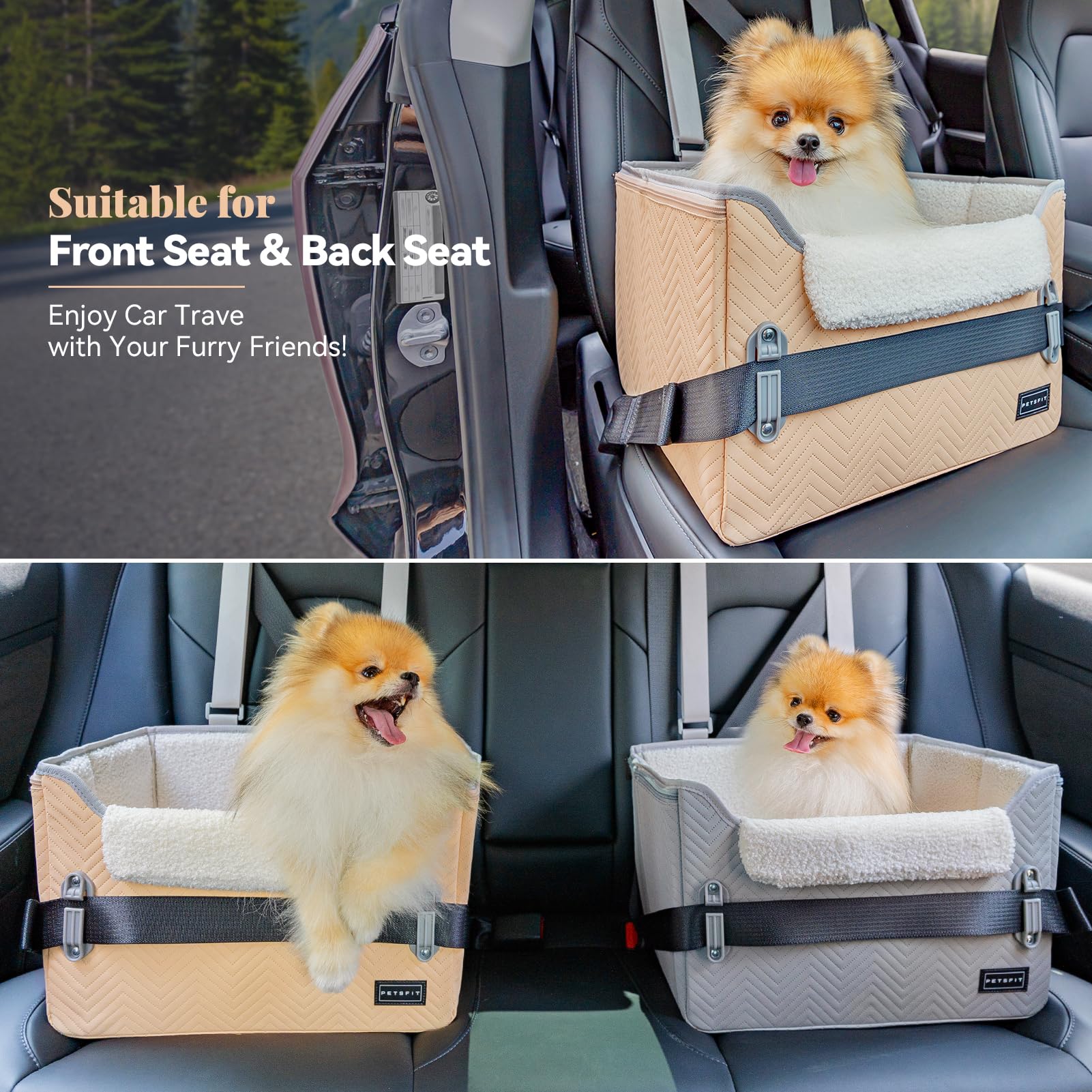Petsfit cat car seat side view demonstrates secure buckles and elevated position.
