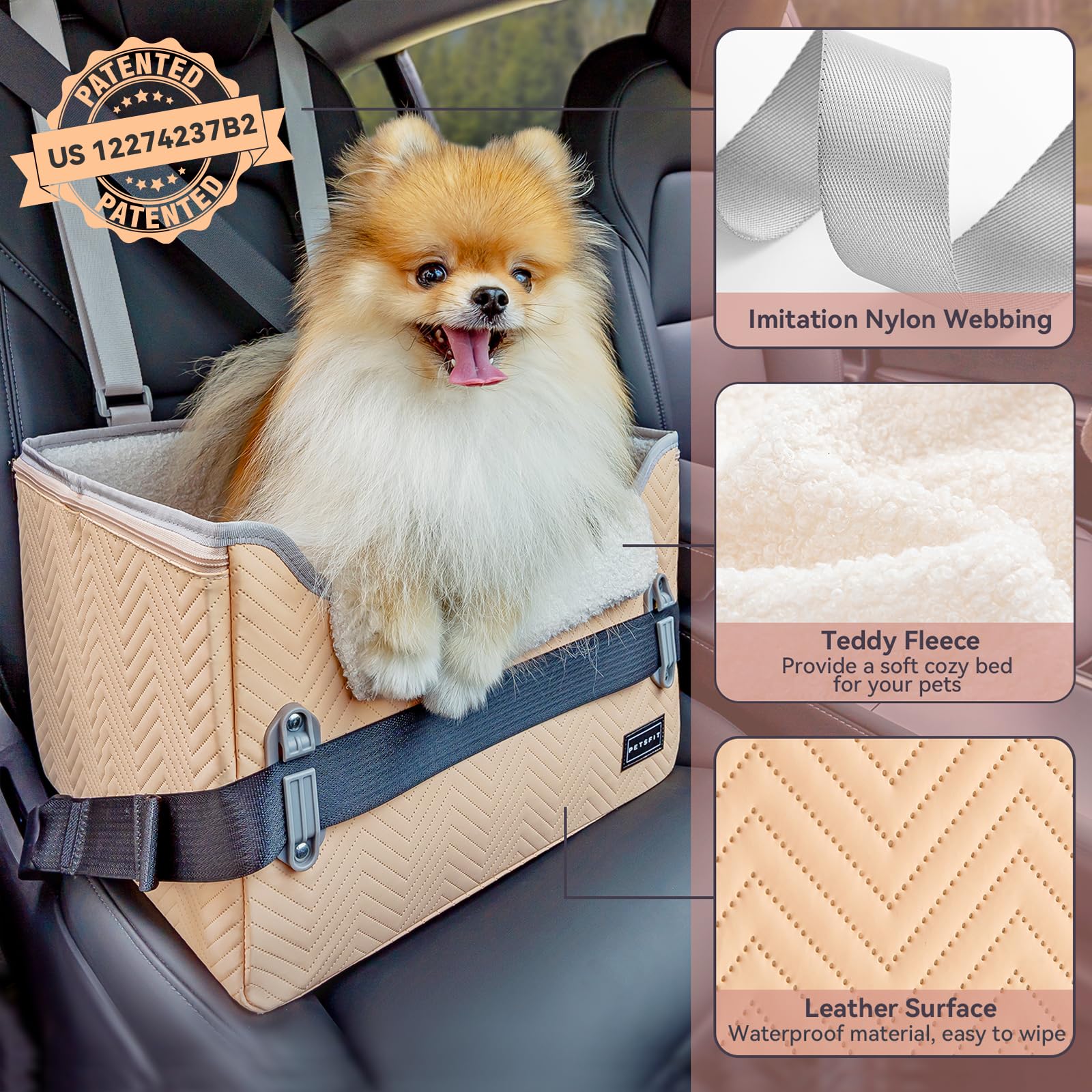 Petsfit cat car seat waterproof leather surface wipes clean after trips.