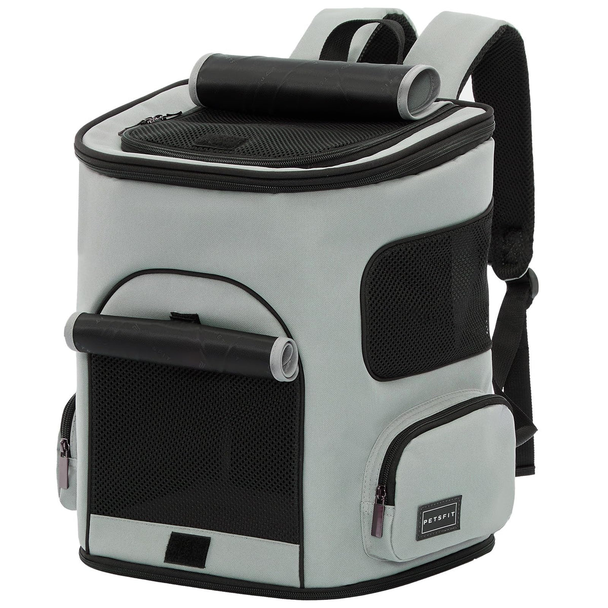 Petsfit cat carrier backpack side view with mesh ventilation for comfortable travel.