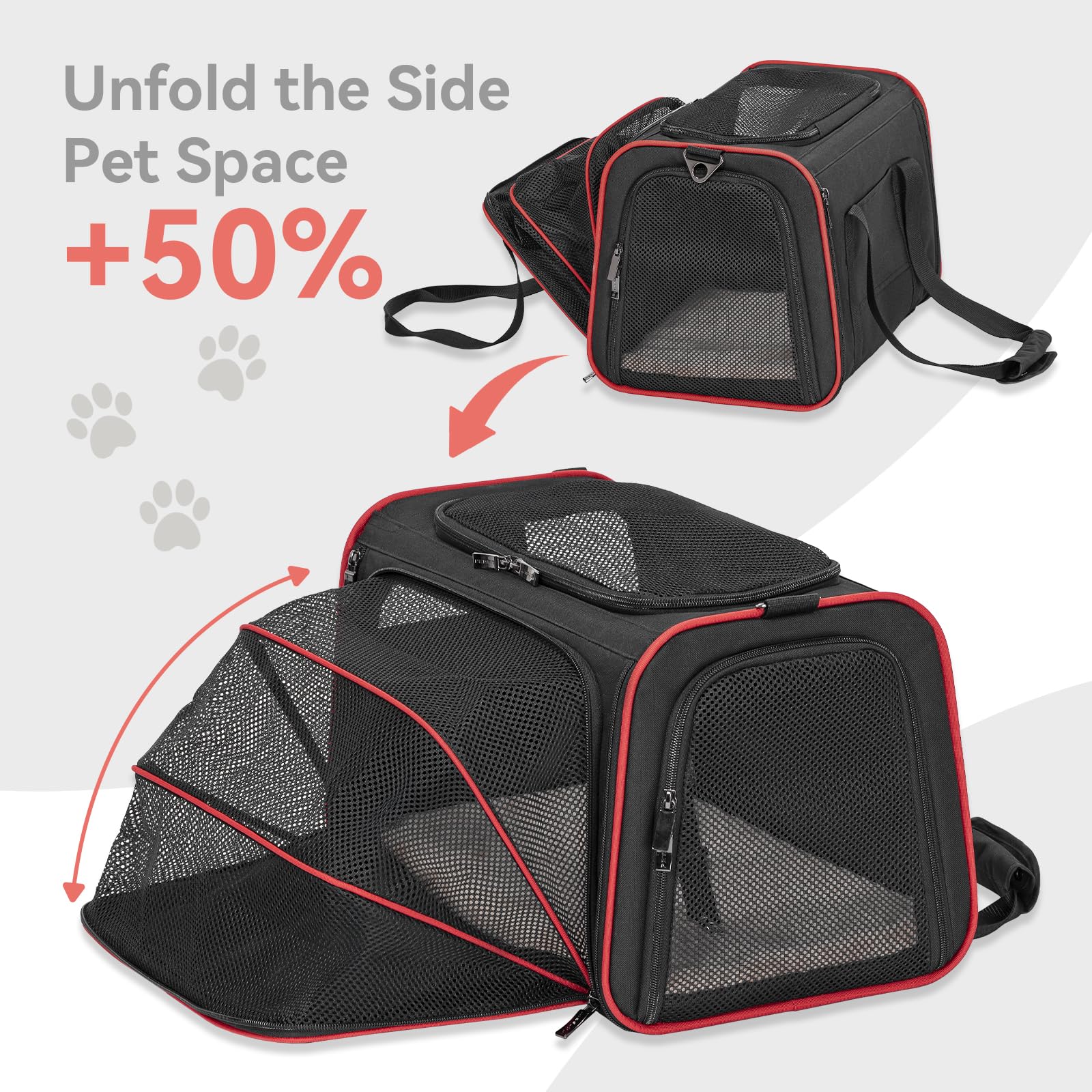 Petsfit cat-carrier-multi-carry-ways illustrates flexible handles, straps, and luggage compatibility.