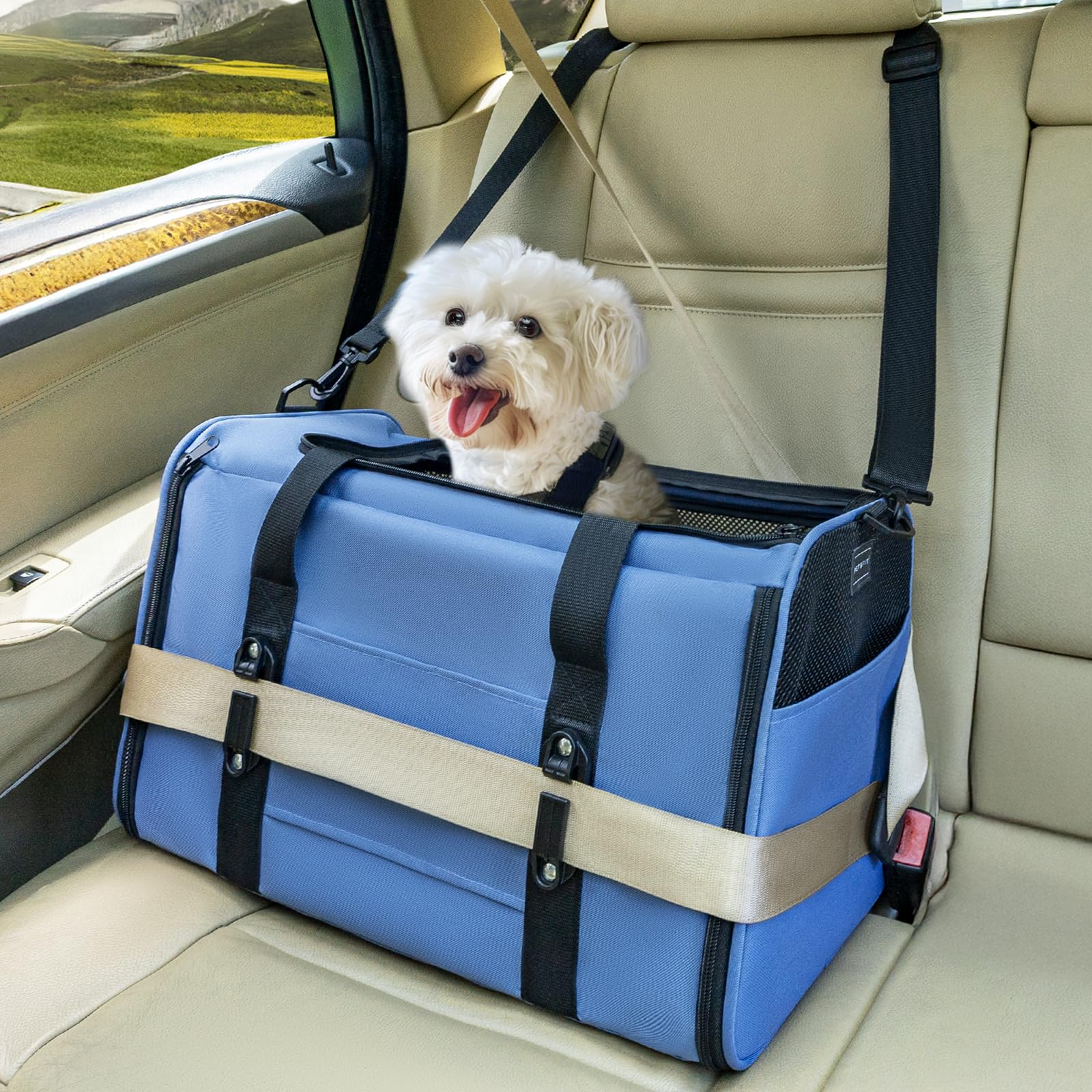 Petsfit cat carrier with patented safety buckles for secure car travel.