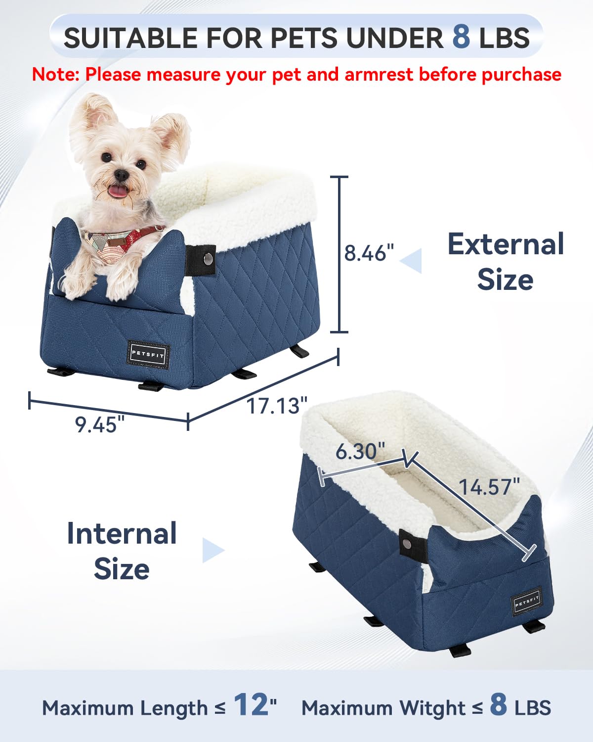 Petsfit center-console dog car seat blue back view highlights compact design.