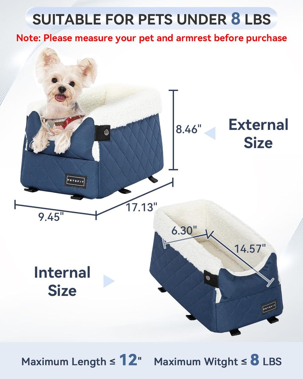 Petsfit center-console dog car seat blue back view highlights compact design.