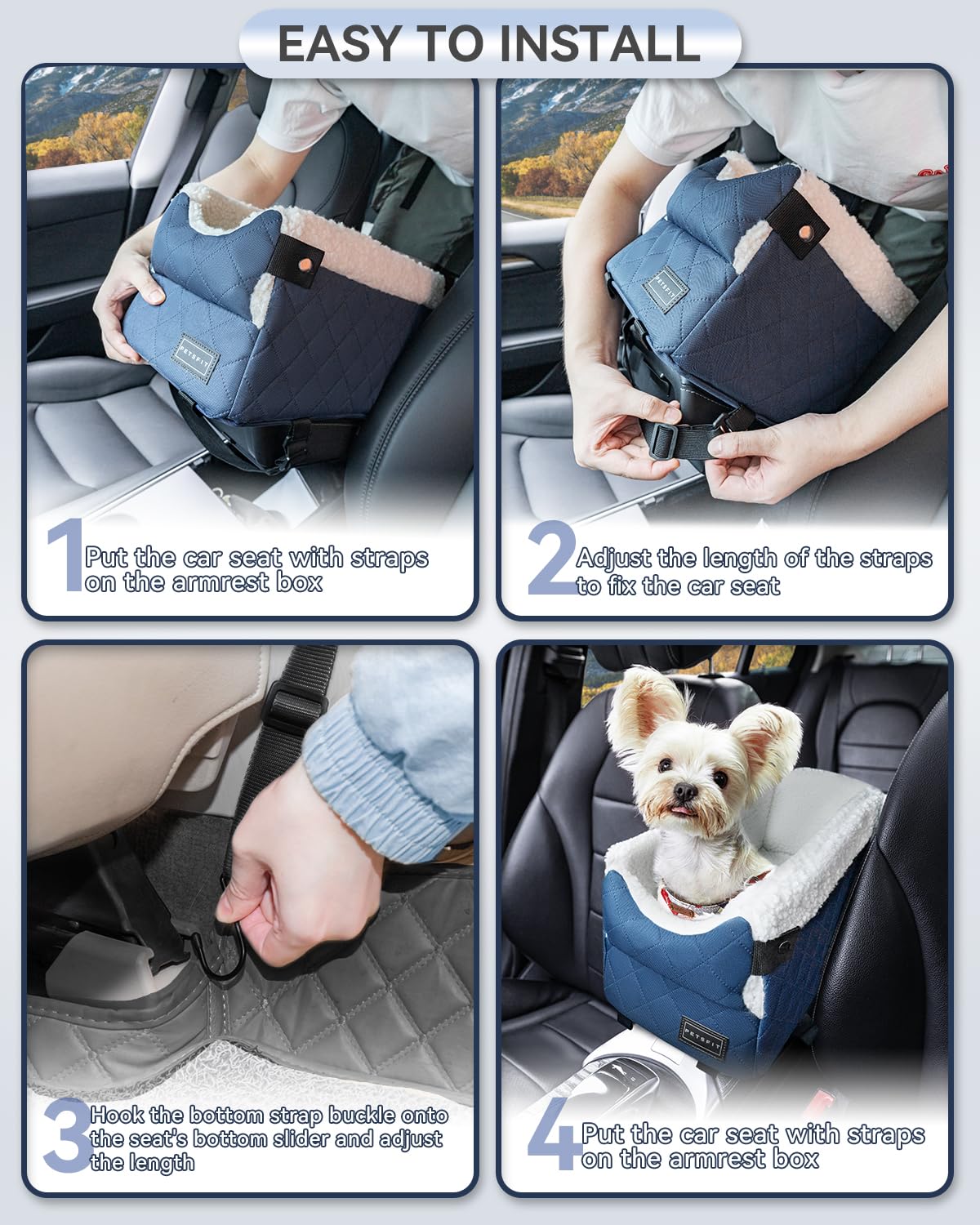 Petsfit center-console dog car seat blue dimensions fit most cars.